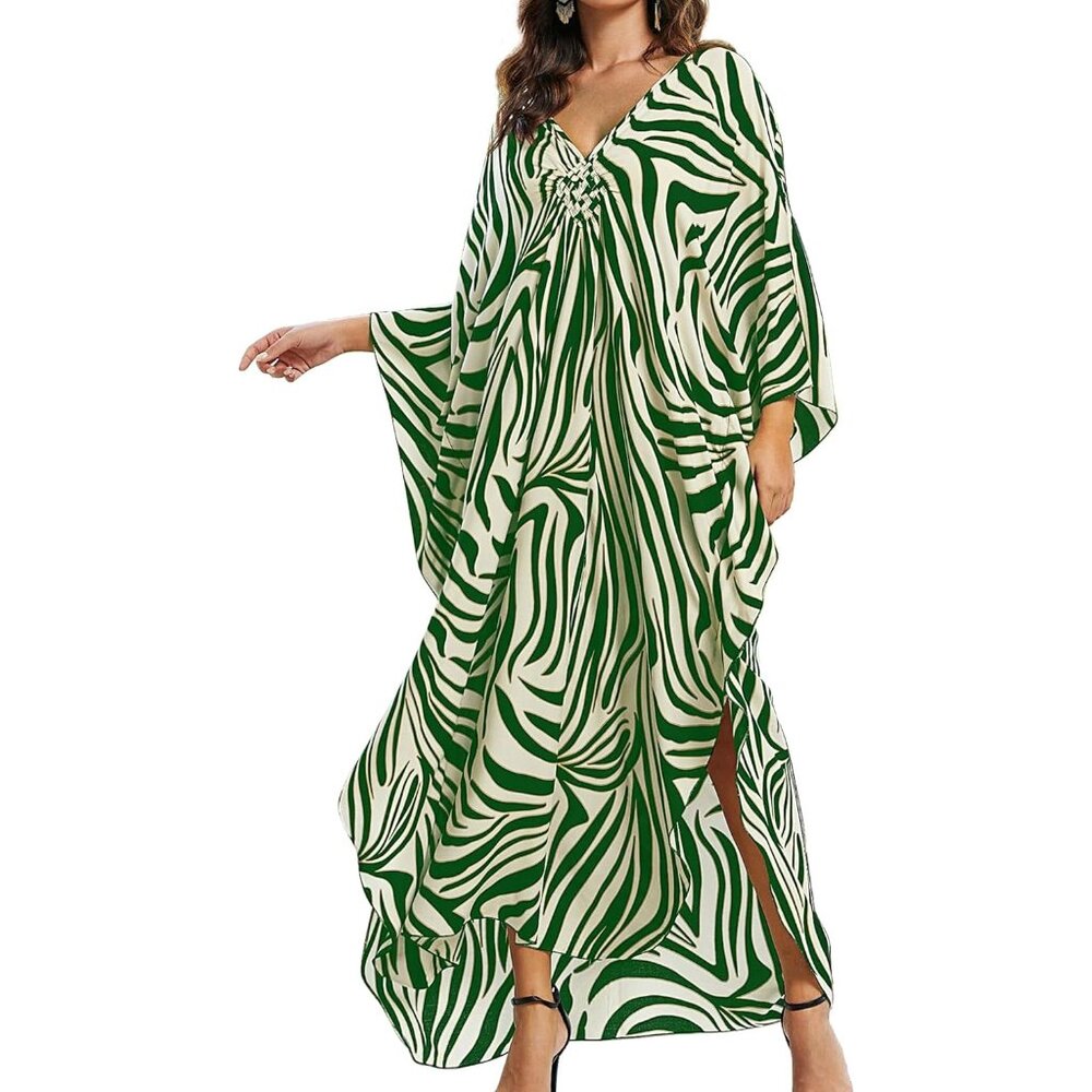 Women's Green Zebra V-Neck Batwing Sleeve Flowy Split Hem Bohemian Kaftan Dress